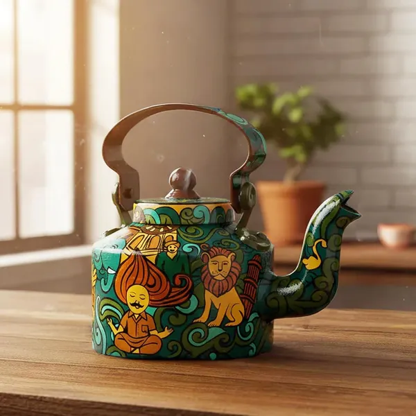 INDHA_Hand-Painted_Aluminum_Decorative_Kettle_–_Meditating_Figure,_Lion_&_Elephant_Art_|_Nature-Inspired_Floral_Design_|_1-Litre_|_Home_Décor,_Tea_Serving_&_Gifting