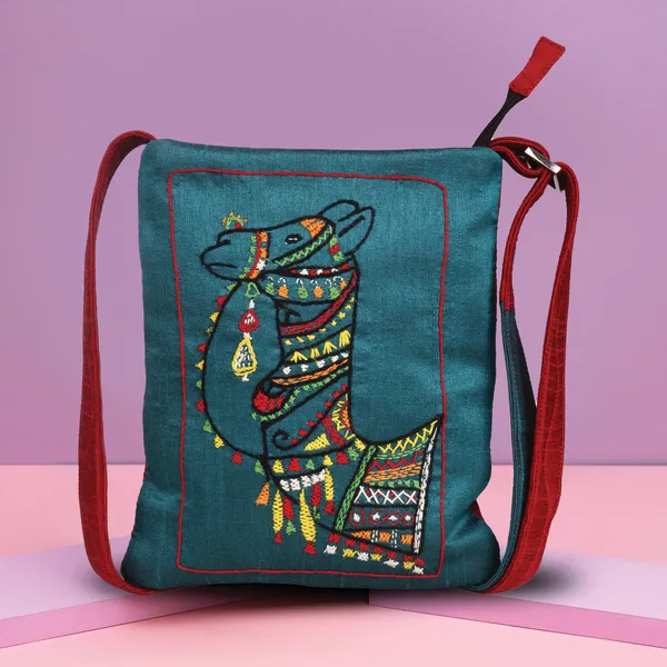 INDHA_Handcrafted_Sling_Bag_for_Women_|_Camel_Embroidered_Crossbody_Bag_|_Eco-Friendly_&_Sustainable_|_Teal_Green_Dupion_Silk_Sling_Bag_|_Small_Shoulder_Bag_for_Girls_&_Travel