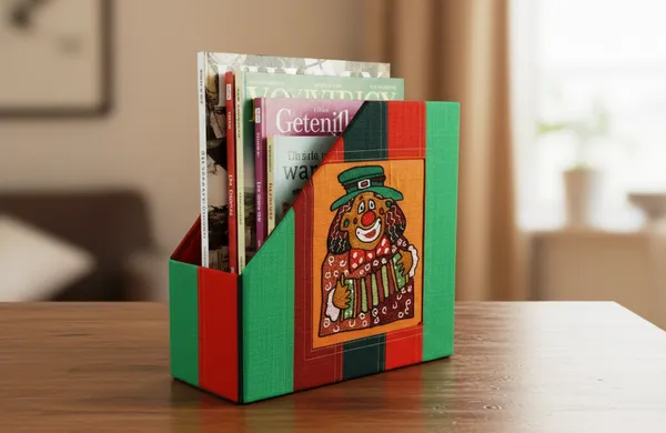 INDHA_Handmade_Desk_Organizer_&_Foldable_Magazine_Holder_|_Hand-Embroidered_Folk_Clown_Motif_|_Fabric-Wrapped_MDF_File_Organizer_for_A4_Papers_|_Study_Table_&_Office_Décor_|_Gift_for_Kids_&_Employees