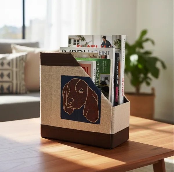 INDHA_Handmade_Desk_&_File_Organizer_|_Foldable_Magazine_Holder_for_A4_Papers_|_Hand-Embroidered_Dog_Motif_|_Study_Table_Organizer_&_Gift_for_Kids_&_Adults