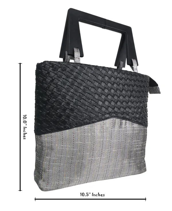 INDHA_Handmade_Woven_Fabric_Handbag_with_Wooden_Handles_|_Stylish_Women_Tote_Bag_|_Ethnic_Designer_Carry_Bag_|_Eco-Friendly_Handcrafted_Bag_for_Daily_Use_&_Gifting_(Black_&_Grey)