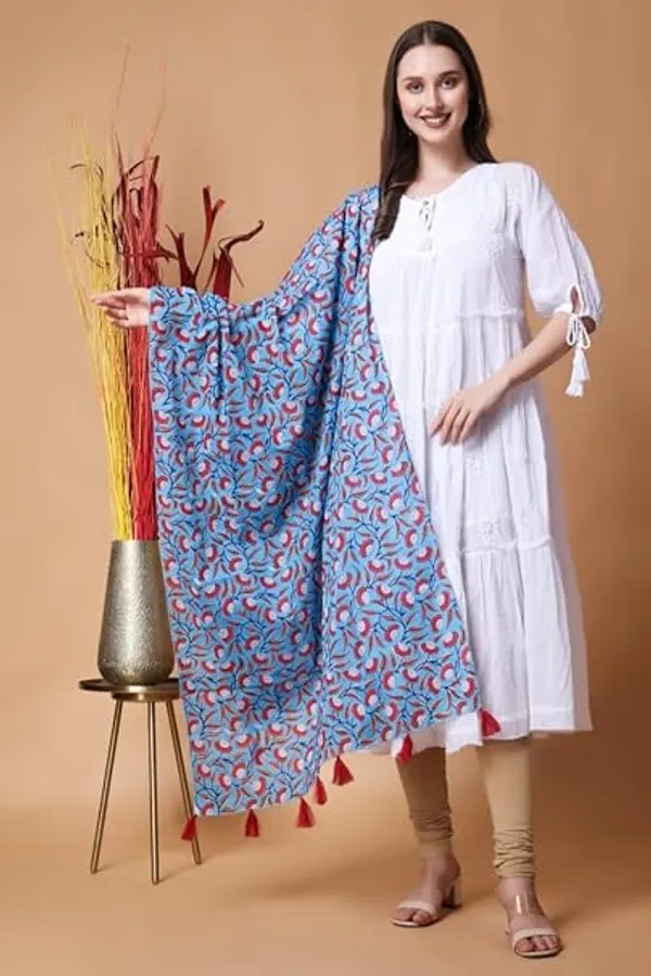 INDHA_Stole_|_Sky_Blue_Cotton_Stole_|_Hand_Block_Printed_Red_And_White_Flower_Design_Motif_|_Hand_Block_Printed_Stole_|_Stoles_For_Women_|_Traditional_Stoles_|_Gifting_|_Fashion_Wear_|_Indo_Western_Stole_|_Fashion_Accessory