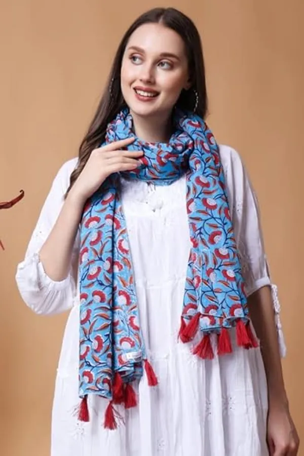 INDHA_Stole_|_Sky_Blue_Cotton_Stole_|_Hand_Block_Printed_Red_And_White_Flower_Design_Motif_|_Hand_Block_Printed_Stole_|_Stoles_For_Women_|_Traditional_Stoles_|_Gifting_|_Fashion_Wear_|_Indo_Western_Stole_|_Fashion_Accessory
