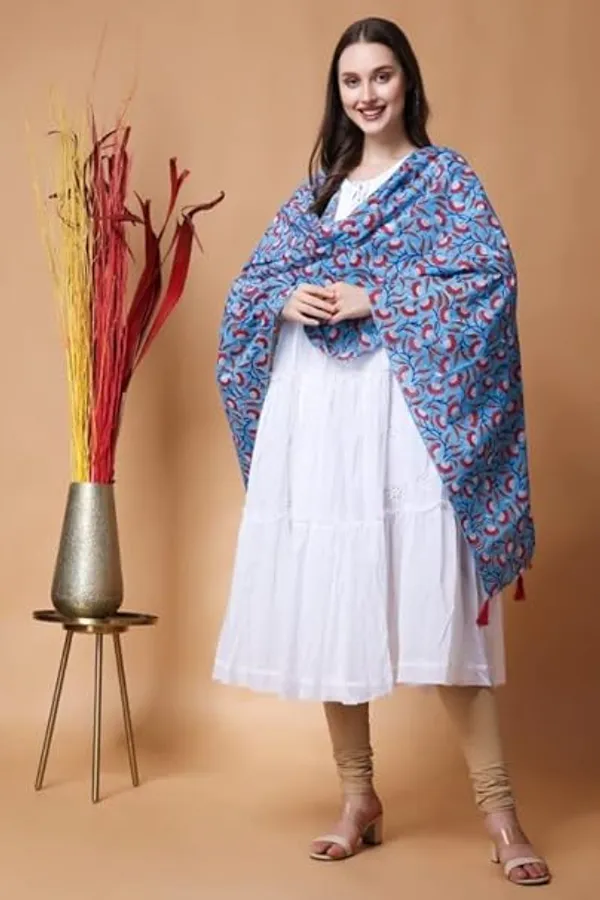 INDHA_Stole_|_Sky_Blue_Cotton_Stole_|_Hand_Block_Printed_Red_And_White_Flower_Design_Motif_|_Hand_Block_Printed_Stole_|_Stoles_For_Women_|_Traditional_Stoles_|_Gifting_|_Fashion_Wear_|_Indo_Western_Stole_|_Fashion_Accessory