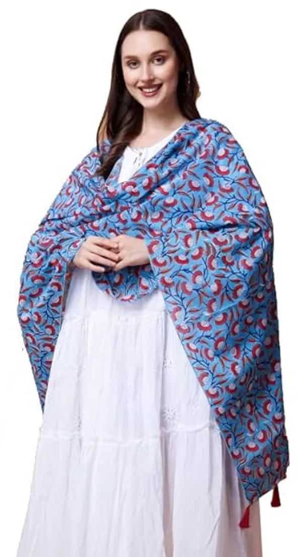 INDHA_Stole_|_Sky_Blue_Cotton_Stole_|_Hand_Block_Printed_Red_And_White_Flower_Design_Motif_|_Hand_Block_Printed_Stole_|_Stoles_For_Women_|_Traditional_Stoles_|_Gifting_|_Fashion_Wear_|_Indo_Western_Stole_|_Fashion_Accessory