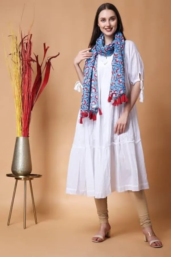 INDHA_Stole_|_Sky_Blue_Cotton_Stole_|_Hand_Block_Printed_Red_And_White_Flower_Design_Motif_|_Hand_Block_Printed_Stole_|_Stoles_For_Women_|_Traditional_Stoles_|_Gifting_|_Fashion_Wear_|_Indo_Western_Stole_|_Fashion_Accessory