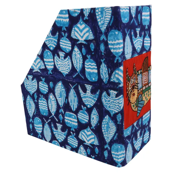 INDHA_Sturdy_Foldable_Desk_Organizer_&_Magazine_Holder_|_Hand_Block_Printed_Fabric_with_Embroidered_Cat_Fish_Motif_|_A4_Size_File_&_Book_Organizer_|_Ideal_for_Kids_Study_Table_&_Employee_Gifting