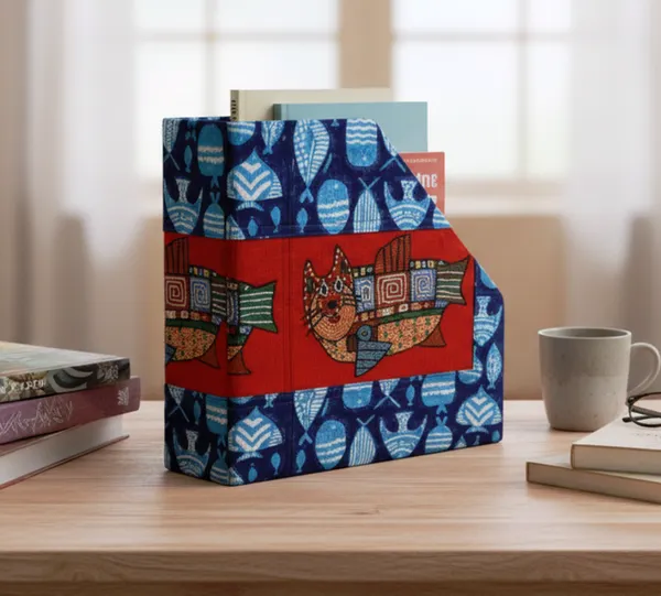 INDHA_Sturdy_Foldable_Desk_Organizer_&_Magazine_Holder_|_Hand_Block_Printed_Fabric_with_Embroidered_Cat_Fish_Motif_|_A4_Size_File_&_Book_Organizer_|_Ideal_for_Kids_Study_Table_&_Employee_Gifting
