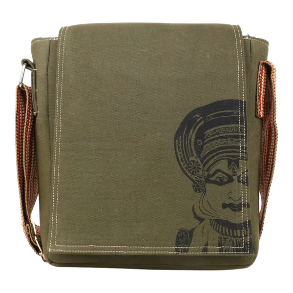 Indha_Green_Canvas_Crossbody_Bag_with_Kathakali_Art_Print_|_Trendy_Sling_Bag_for_Men