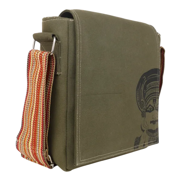 Indha_Green_Canvas_Crossbody_Bag_with_Kathakali_Art_Print_|_Trendy_Sling_Bag_for_Men