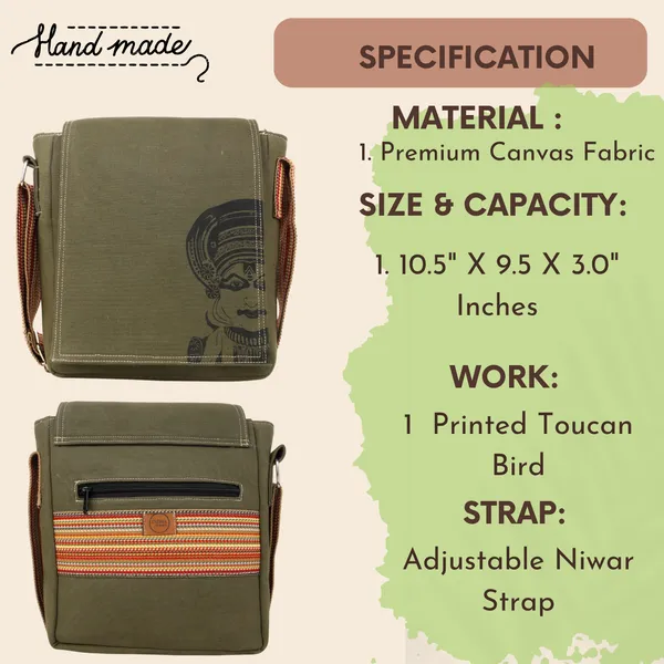 Indha_Green_Canvas_Crossbody_Bag_with_Kathakali_Art_Print_|_Trendy_Sling_Bag_for_Men