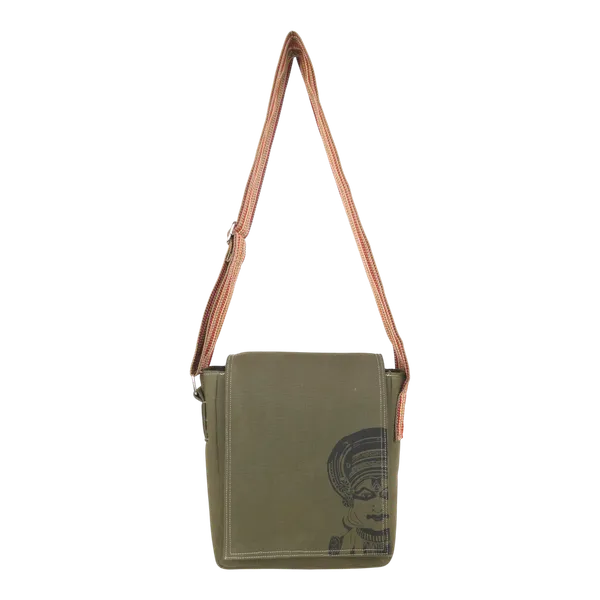 Indha_Green_Canvas_Crossbody_Bag_with_Kathakali_Art_Print_|_Trendy_Sling_Bag_for_Men