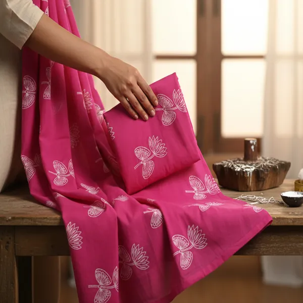 Indha_Hand_Block_Printed_Cotton_Fabric_–_Pink_with_White_Lotus_Flower_Motif_|_100%_Cotton_Jaipuri_Block_Print_for_Dresses,_Sewing,_Quilting_&_Home_Décor_|_3_Meter_Fabric