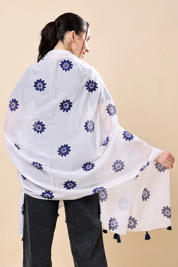Indha_Hand_Block_Printed_Cotton_Stole_|_White_Stole_with_Blue_Floral_Print_|_Lightweight_Scarf_for_Women_|_Ethnic_&_Indo-Western_Wear_|_Gifting_Accessory