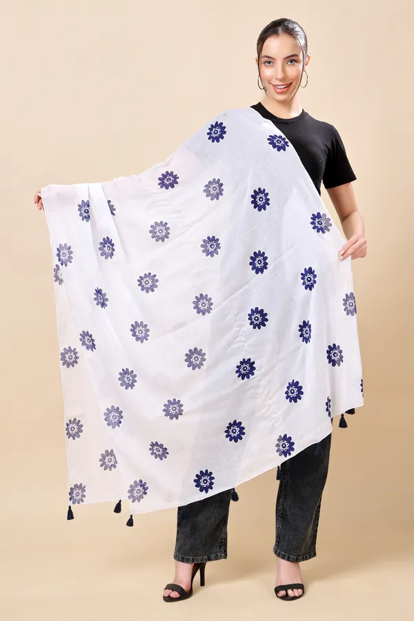 Indha_Hand_Block_Printed_Cotton_Stole_|_White_Stole_with_Blue_Floral_Print_|_Lightweight_Scarf_for_Women_|_Ethnic_&_Indo-Western_Wear_|_Gifting_Accessory