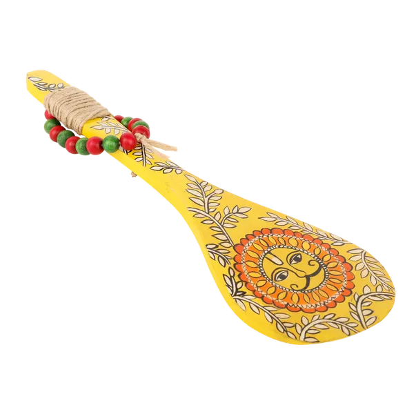 Indha_Hand-Painted_Wooden_Spoon_Décor_–_Madhubani_Sun_Art_|_Yellow_Wall_Accent_with_Jute_&_Beads_|_Travel-Friendly_Indian_Souvenir_|_Handmade_Gift