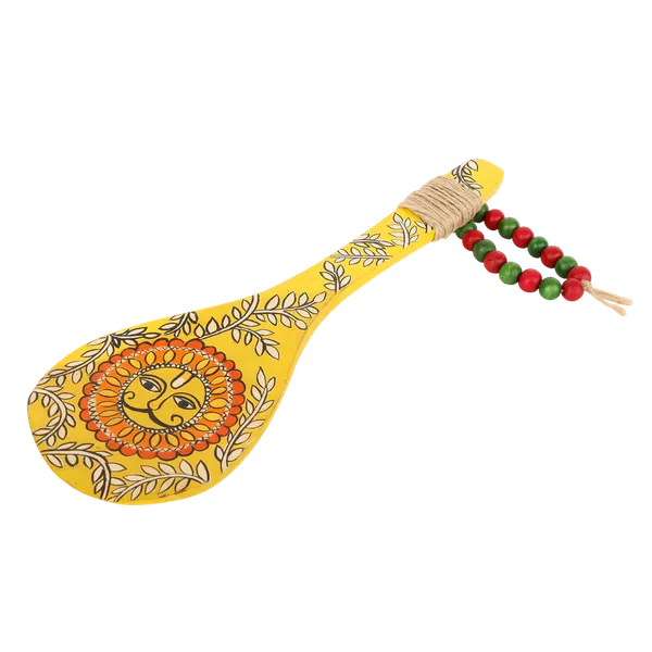 Indha_Hand-Painted_Wooden_Spoon_Décor_–_Madhubani_Sun_Art_|_Yellow_Wall_Accent_with_Jute_&_Beads_|_Travel-Friendly_Indian_Souvenir_|_Handmade_Gift