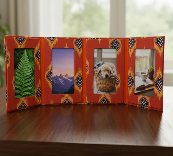 Indha_Handmade_4-in-1_Photo_Frame_Folder_|_Abstract_Print_Dupion_Silk_Cover_|_5_x_7_Inch_Decorative_Photo_Frame_|_Elegant_Gift_for_All_Occasions_(Orange_Flame)