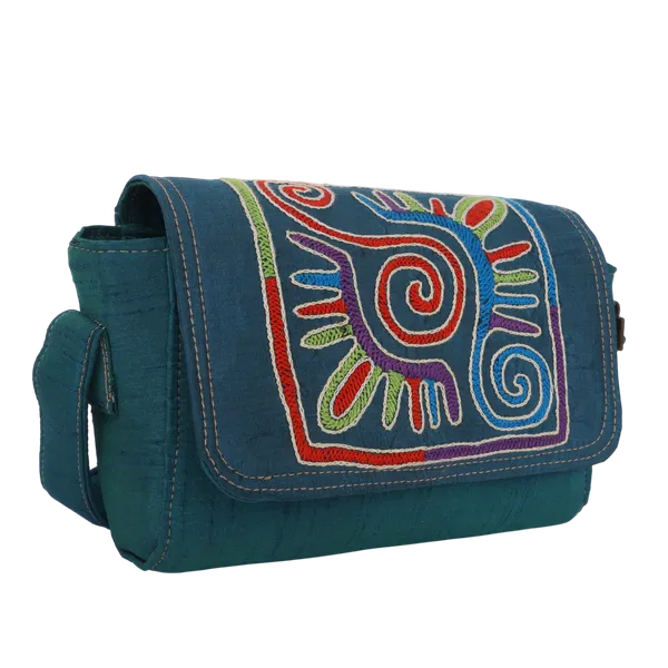 Indha_Teal_Blue_Hand_Embroidered_Box_shape_Shoulder_Bag_with_Red_&_Green_Threadwork|Dupian_Silk_|Exquisite_Craft