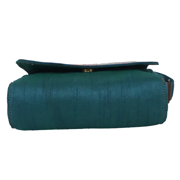 Indha_Teal_Blue_Hand_Embroidered_Box_shape_Shoulder_Bag_with_Red_&_Green_Threadwork|Dupian_Silk_|Exquisite_Craft