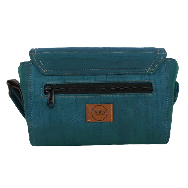 Indha_Teal_Blue_Hand_Embroidered_Box_shape_Shoulder_Bag_with_Red_&_Green_Threadwork|Dupian_Silk_|Exquisite_Craft