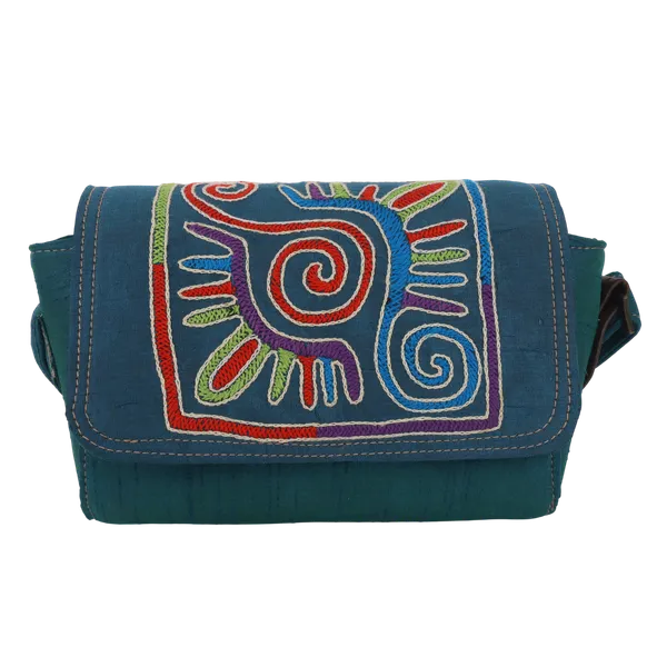 Indha_Teal_Blue_Hand_Embroidered_Box_shape_Shoulder_Bag_with_Red_&_Green_Threadwork|Dupian_Silk_|Exquisite_Craft
