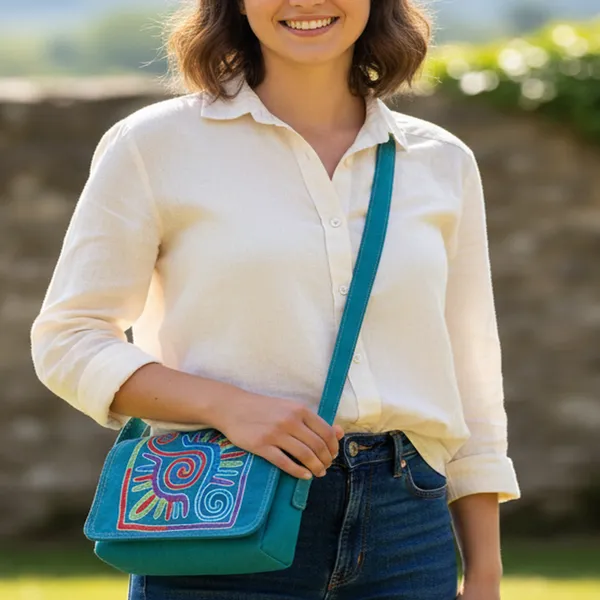 Indha_Teal_Blue_Hand_Embroidered_Box_shape_Shoulder_Bag_with_Red_&_Green_Threadwork|Dupian_Silk_|Exquisite_Craft