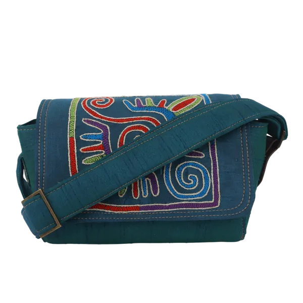 Indha_Teal_Blue_Hand_Embroidered_Box_shape_Shoulder_Bag_with_Red_&_Green_Threadwork|Dupian_Silk_|Exquisite_Craft