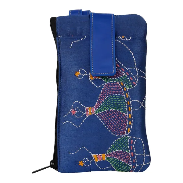 Indha_Handcrafted_Mobile_Case_Wristlet_for_Women_|_Blue_Dupion_Pouch_with_Dancing_Lady_Motif_|_Mini_Wallet_with_Mobile_Compartment_|_Handmade_in_India