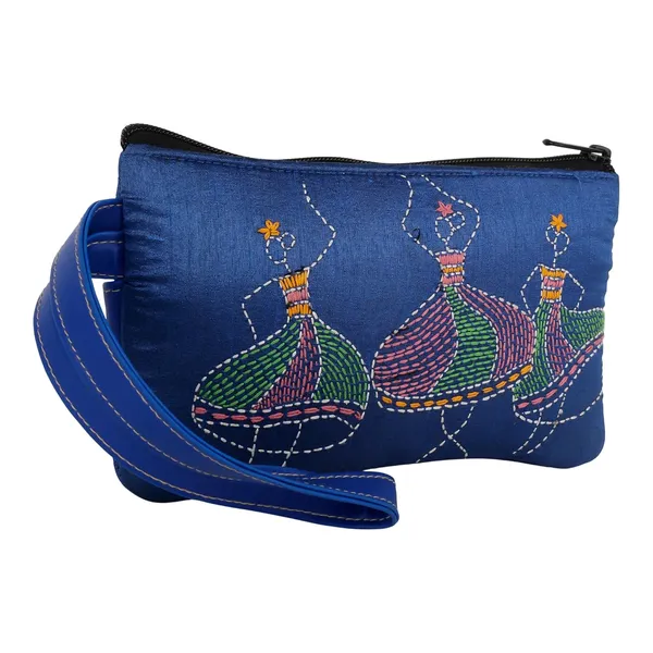 Indha_Handcrafted_Mobile_Case_Wristlet_for_Women_|_Blue_Dupion_Pouch_with_Dancing_Lady_Motif_|_Mini_Wallet_with_Mobile_Compartment_|_Handmade_in_India