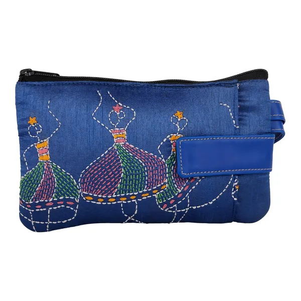 Indha_Handcrafted_Mobile_Case_Wristlet_for_Women_|_Blue_Dupion_Pouch_with_Dancing_Lady_Motif_|_Mini_Wallet_with_Mobile_Compartment_|_Handmade_in_India
