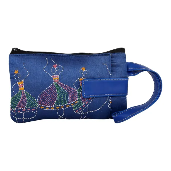 Indha_Handcrafted_Mobile_Case_Wristlet_for_Women_|_Blue_Dupion_Pouch_with_Dancing_Lady_Motif_|_Mini_Wallet_with_Mobile_Compartment_|_Handmade_in_India