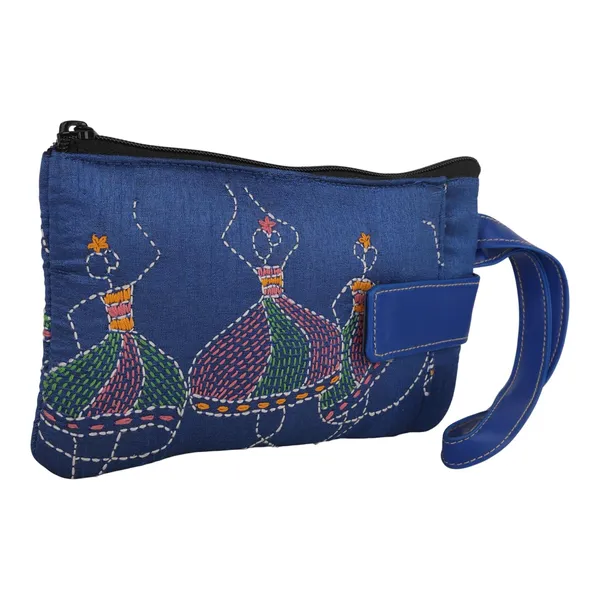 Indha_Handcrafted_Mobile_Case_Wristlet_for_Women_|_Blue_Dupion_Pouch_with_Dancing_Lady_Motif_|_Mini_Wallet_with_Mobile_Compartment_|_Handmade_in_India