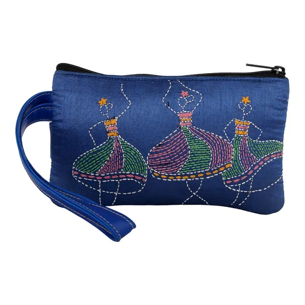 Indha_Handcrafted_Mobile_Case_Wristlet_for_Women_|_Blue_Dupion_Pouch_with_Dancing_Lady_Motif_|_Mini_Wallet_with_Mobile_Compartment_|_Handmade_in_India