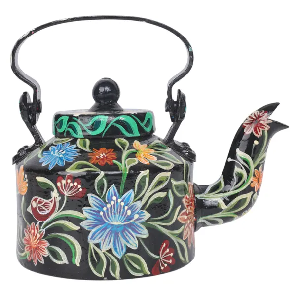 INDHA_Hand-Painted_Black_Aluminum_Decorative_Kettle_Floral_Design_1L_|_Artisan_Made_Vintage_Style_Tabletop_Decor_|_Eco-Friendly_Handmade_Gift_|_Home_&_Kitchen_Accent