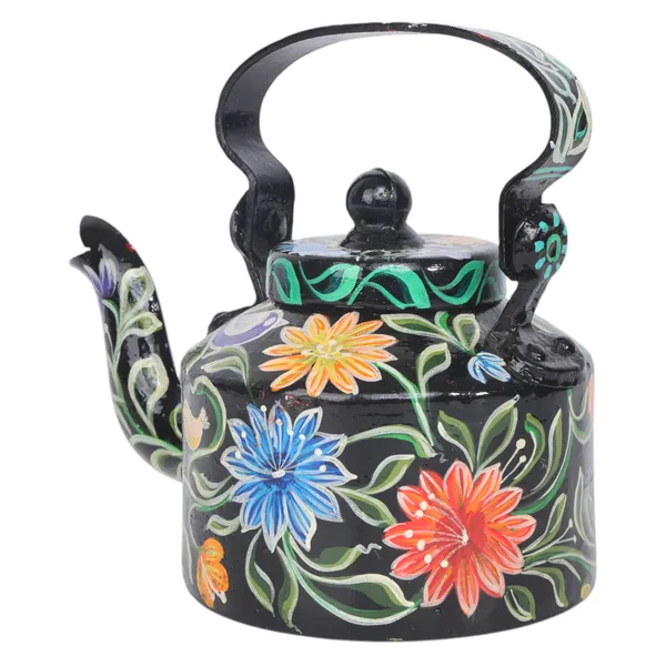 INDHA_Hand-Painted_Black_Aluminum_Decorative_Kettle_Floral_Design_1L_|_Artisan_Made_Vintage_Style_Tabletop_Decor_|_Eco-Friendly_Handmade_Gift_|_Home_&_Kitchen_Accent