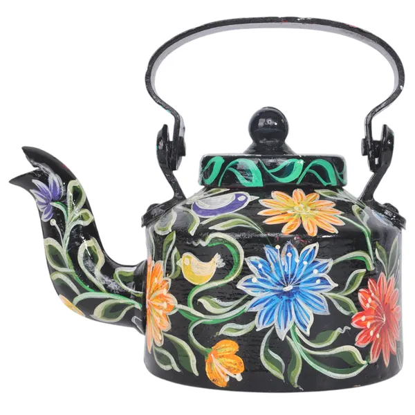 INDHA_Hand-Painted_Black_Aluminum_Decorative_Kettle_Floral_Design_1L_|_Artisan_Made_Vintage_Style_Tabletop_Decor_|_Eco-Friendly_Handmade_Gift_|_Home_&_Kitchen_Accent