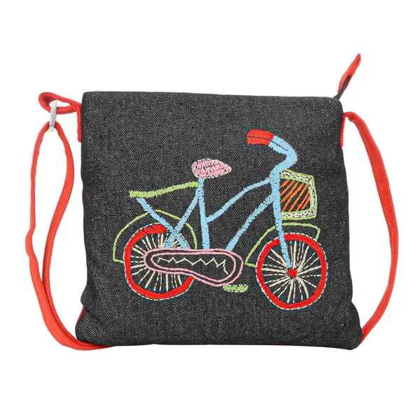Indha_Handmade_Embroidered_Sling_Bag_|_Colourful_Bicycle_Motif_|_Black_Denim_Crossbody_Bag_for_Girls_(Ages_9�12)_|_Lightweight_Everyday_Casual_Sling_|_Handcrafted_Gift_for_Birthdays_&_Return_Gifts