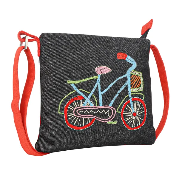 Indha_Handmade_Embroidered_Sling_Bag_|_Colourful_Bicycle_Motif_|_Black_Denim_Crossbody_Bag_for_Girls_(Ages_9�12)_|_Lightweight_Everyday_Casual_Sling_|_Handcrafted_Gift_for_Birthdays_&_Return_Gifts