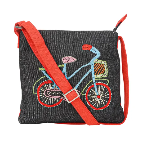 Indha_Handmade_Embroidered_Sling_Bag_|_Colourful_Bicycle_Motif_|_Black_Denim_Crossbody_Bag_for_Girls_(Ages_9�12)_|_Lightweight_Everyday_Casual_Sling_|_Handcrafted_Gift_for_Birthdays_&_Return_Gifts