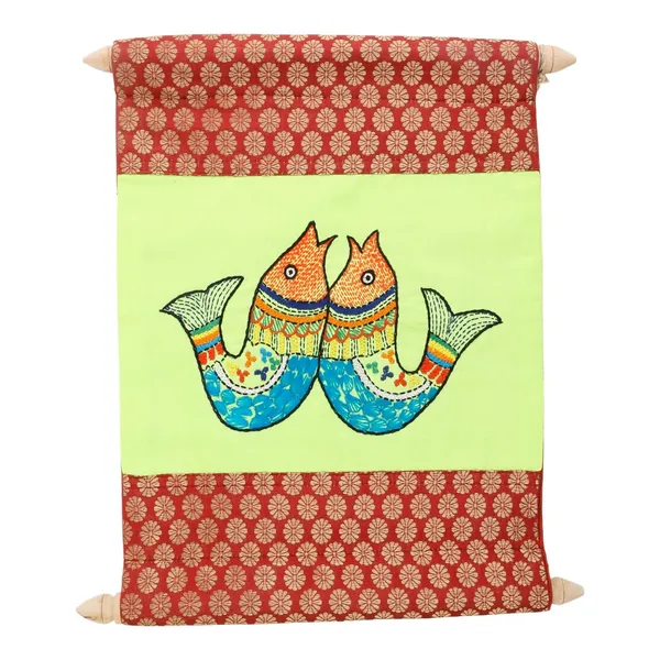 Indha_Hand-Embroidered_Wall_Scroll_|_Lime-Green_Dupion_Silk_with_Red_Brocade_|_Handmade_Wall_Hanging_with_Wooden_Finials_|_Gift-Ready_Ethical_Home_D�cor