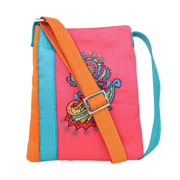 Indha_Handmade_Embroidered_Sling_Bag_for_Women_|_Colourful_Paisley_Motif_|_Pink_&_Orange_Dupion_Silk_Crossbody_|_Lightweight_Casual_Sling_for_College,_Shopping_&_Travel_|_Handmade_by_Artisans