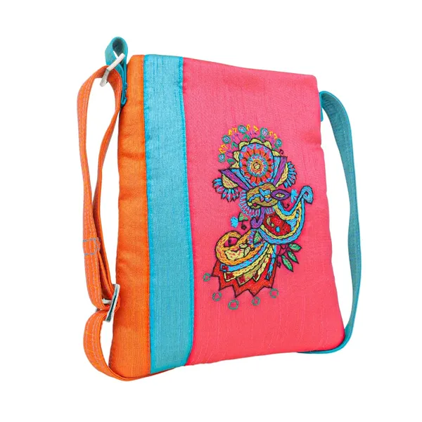 Indha_Handmade_Embroidered_Sling_Bag_for_Women_|_Colourful_Paisley_Motif_|_Pink_&_Orange_Dupion_Silk_Crossbody_|_Lightweight_Casual_Sling_for_College,_Shopping_&_Travel_|_Handmade_by_Artisans