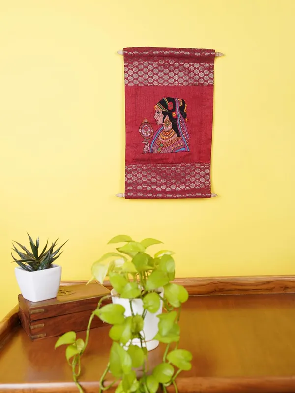 Indha_Hand-Embroidered_Lady_and_Her_Mirror_Portrait_Wall_Scroll_�_Dupion_&_Brocade_Silk_|_Handmade_Wall_D�cor_|_Cultural_Gift_for_Home_&_Office_|_Empowering_Women_Artisans_|_Made_in_India