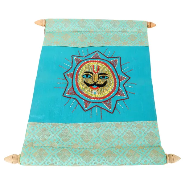 Indha_Hand-Embroidered_Sun_Wall_Scroll_|_Teal_Green_Dupion_Silk_Panel_with_Gold_Brocade_Borders_&_Wooden_Finials_|_Handmade_Home_D�cor_|_Gift-Ready_Scroll_|_Empowering_Women_Artisans