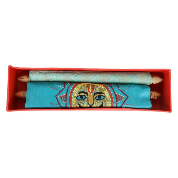 Indha_Hand-Embroidered_Sun_Wall_Scroll_|_Teal_Green_Dupion_Silk_Panel_with_Gold_Brocade_Borders_&_Wooden_Finials_|_Handmade_Home_D�cor_|_Gift-Ready_Scroll_|_Empowering_Women_Artisans