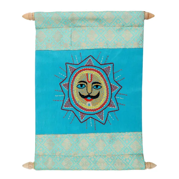 Indha_Hand-Embroidered_Sun_Wall_Scroll_|_Teal_Green_Dupion_Silk_Panel_with_Gold_Brocade_Borders_&_Wooden_Finials_|_Handmade_Home_D�cor_|_Gift-Ready_Scroll_|_Empowering_Women_Artisans