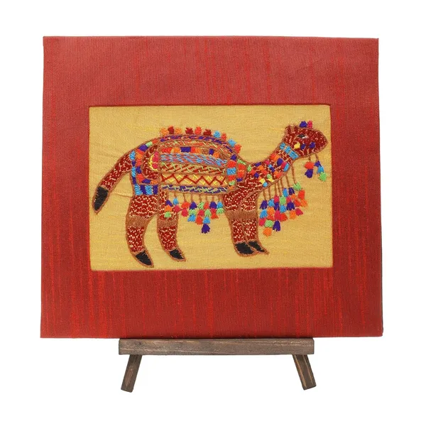 Indha_Hand-Embroidered_Rajasthani_Desert_Camel_Textile_Art_|_Silk_Embroidery_Frame_with_Mini_Wooden_Easel_|_Indian_Handmade_Table_D�cor_&_Gift