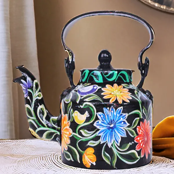 INDHA_Hand-Painted_Black_Aluminum_Decorative_Kettle_Floral_Design_1L_|_Artisan_Made_Vintage_Style_Tabletop_Decor_|_Eco-Friendly_Handmade_Gift_|_Home_&_Kitchen_Accent