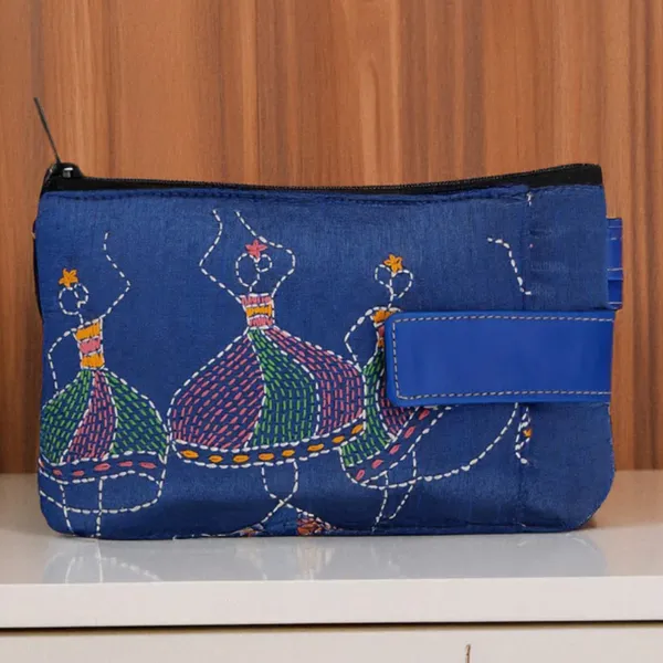 Indha_Handcrafted_Mobile_Case_Wristlet_for_Women_|_Blue_Dupion_Pouch_with_Dancing_Lady_Motif_|_Mini_Wallet_with_Mobile_Compartment_|_Handmade_in_India